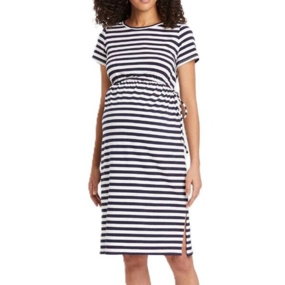Ingrid & Isabel Navy and White Striped Midi Maternity Dress